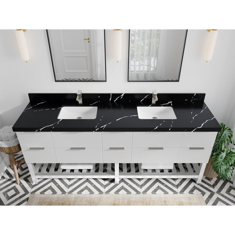 Meuble-lavabo double 84 po avec plateau Catalina, Noir Calacatta