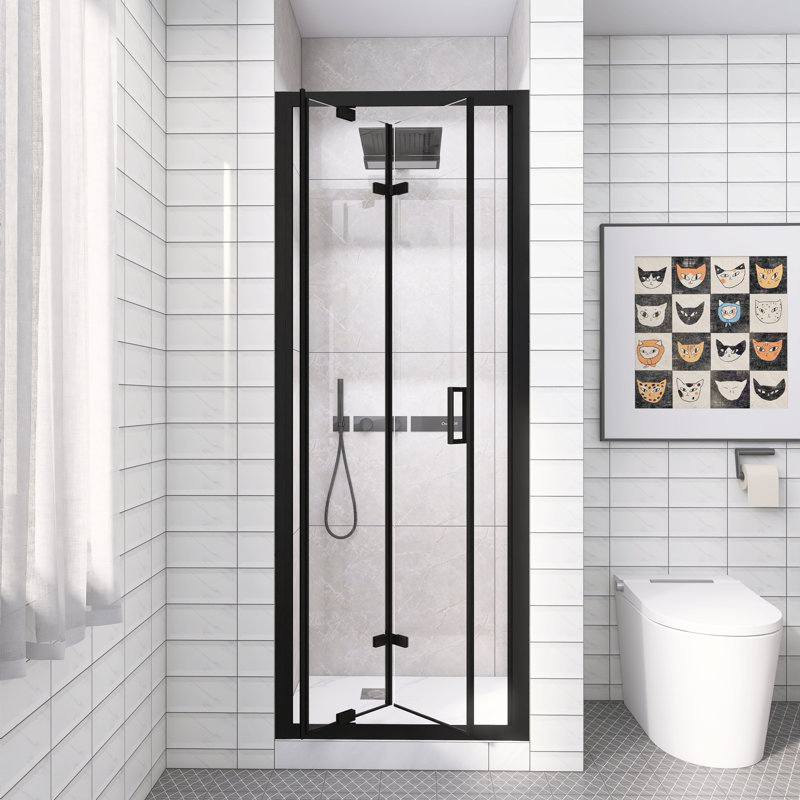 Porte de douche à double pivot 28 "x 72" avec cadre noir, verre trempé transparent de 1/4 ", enceinte pliante peu encombrante avec poignée en acier inoxydable, installation réversible