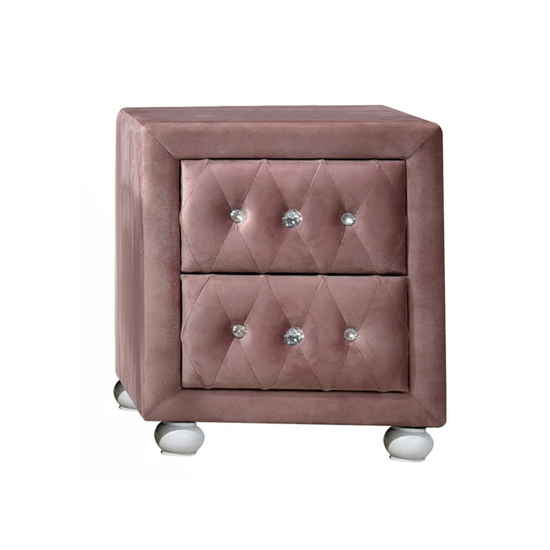 Pink Fabric Upholstered Nightstand With Two Storage Drawers, Wooden Bedroom Furniture