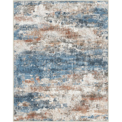8X10 Machine Washable Area Rug, Modern Abstract Soft Low Pile Floor Carpet With Non Slip Backing For Living Room Bedroom Dining Room, Blue/Brick