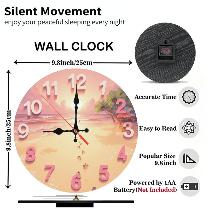 Horloge murale plage coucher de soleil rose empreintes de pieds décor océan