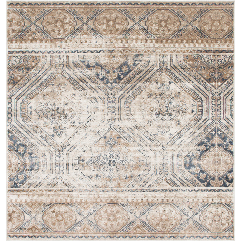 Tapis oriental bleu et beige Coran, Carré 7 pi 1 po