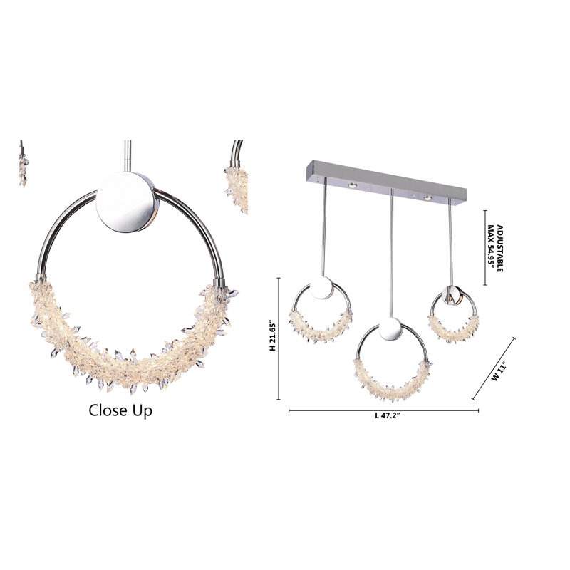 3-Light Dimmable LED Chandelier with Crystal Accents, Chrome