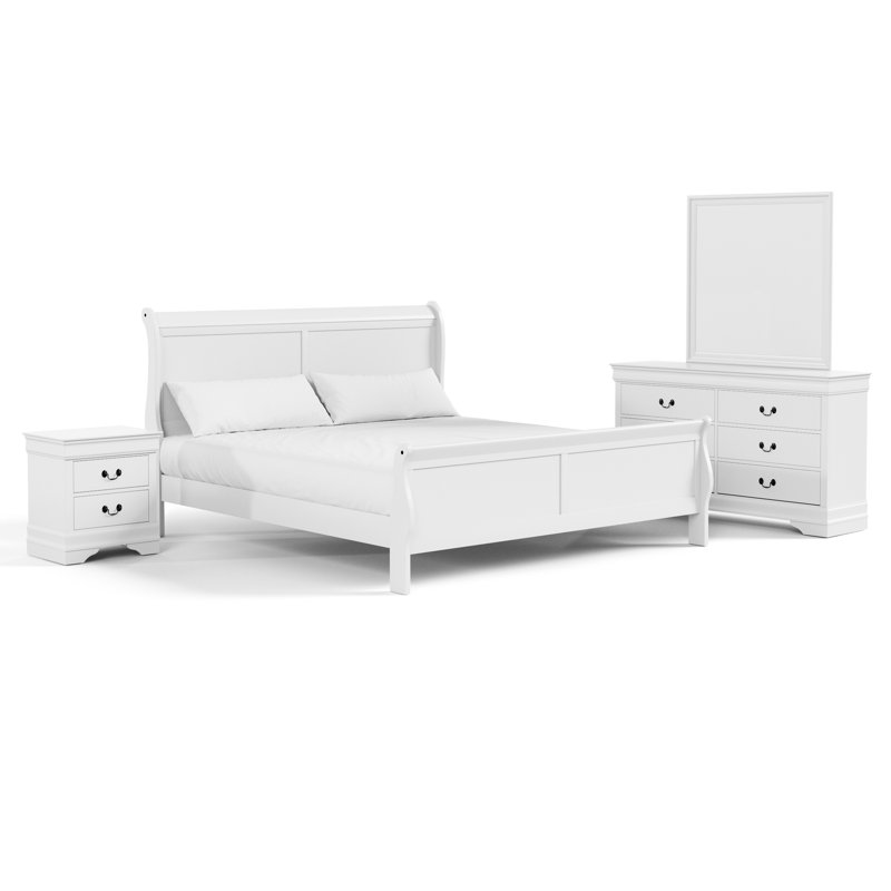 Ensemble de chambre à coucher 4 pièces Aberdeen, Blanc, Double, Ensemble de 4 pièces : lit, table de chevet, comm