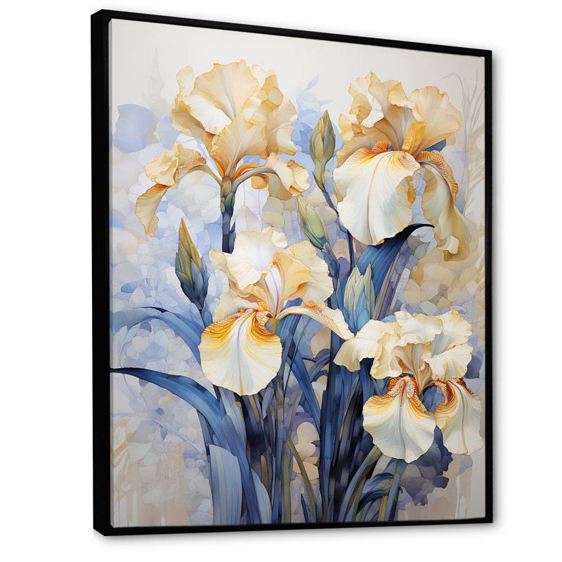 «Golden Blue Irises Melody III», reproduction sur toile, Cadre flottant noir, H 40 po x l 30 po x P 1,5 po