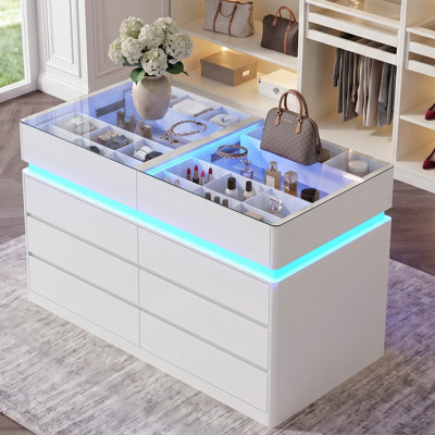 10-Drawer Dresser  Closet Island with Glass Top Double Size Storage