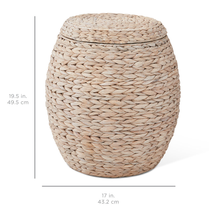 Round Beige Hyacinth Storage Basket with Metal Handles and Lid