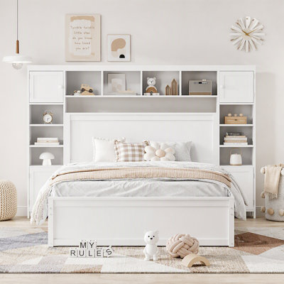 Wooden Bed With All-in-One Cabinet, Shelf and Sockets,Twin XL Trundle