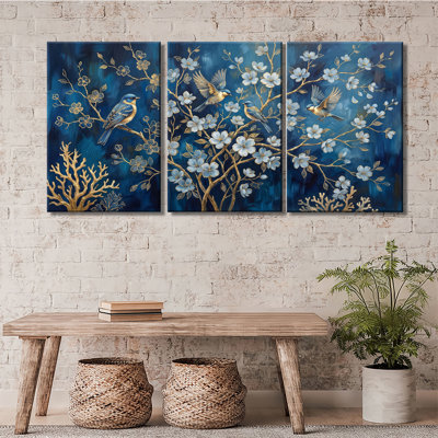 Oiseau bleu, branche dorée, art floral blanc - ensemble de 3 impressions sur toiles tendues avec châssis de qualité supérieure