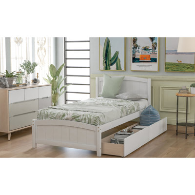 Lit plateforme simple blanc avec poignée de tiroir - Bois massif pour une chambre à coucher élégante