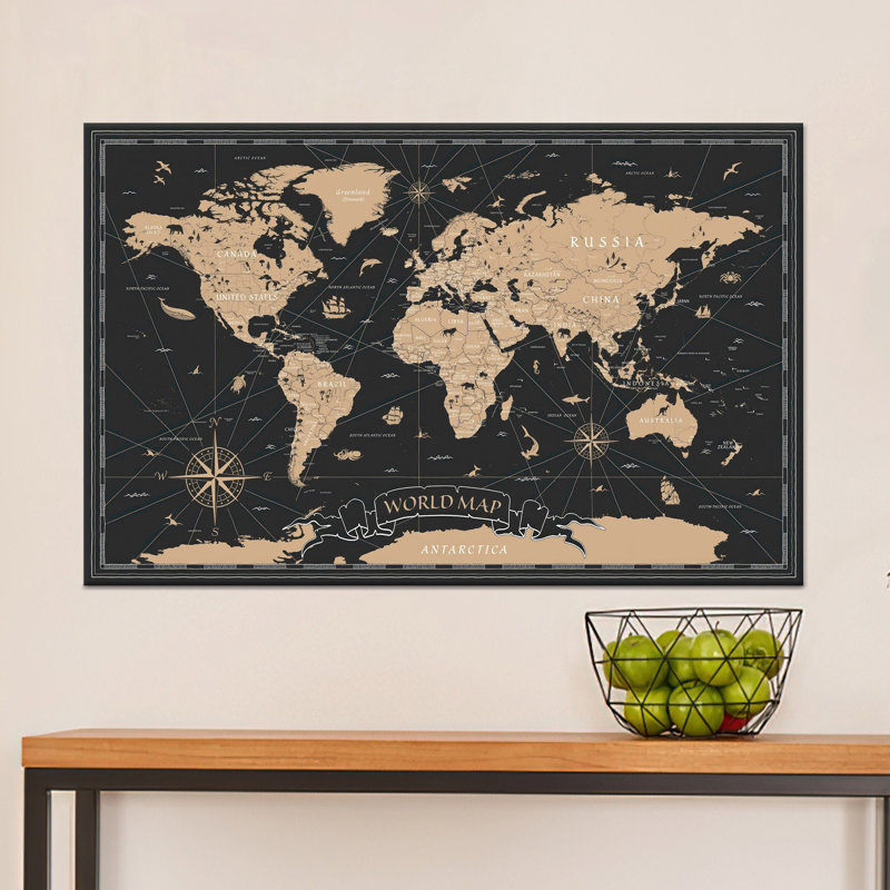 Élégante carte du monde moderne imprimée sur toile, design plat et vibrant, 1P, H: 31,6 po x l: 43,4 po