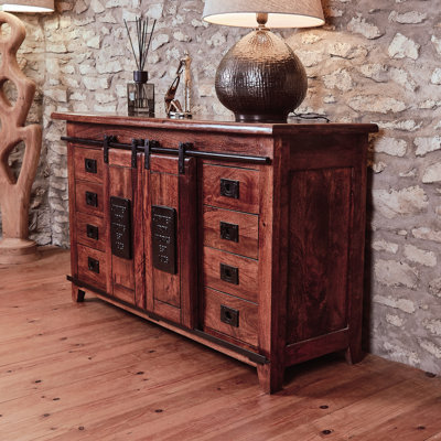 Solid Mango Wood Industrial Sideboard Cabinet – Fully Assembled Rustic Storage Unit With Sliding Barn Doors & Drawers – Large Wooden Buffet Console For Dining Room, Living Room & Hallway – No Veneer