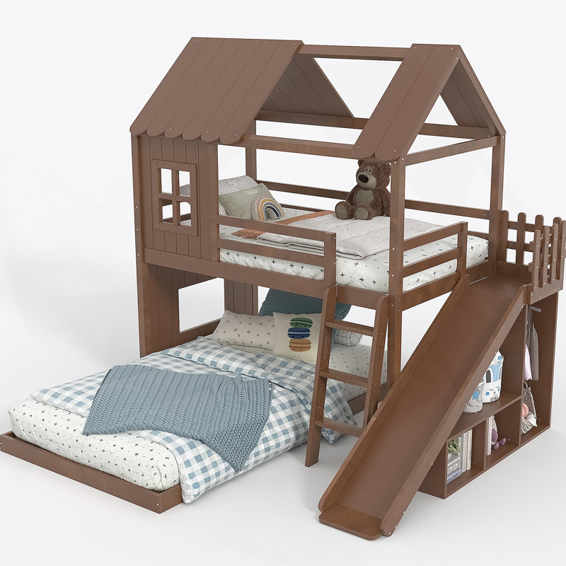 Twin Over Full House Bunk Bed With Ladders And Slides, House Floor Bunk Bed With Storage Shelves And Wardrobe, Playhouse Design,Deep Natural