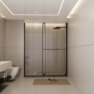 Porte de douche en verre, porte de douche coulissante à double usage, panneau de verre épais de 1/4 pouce avec poignée en acier inoxydable, barre de support