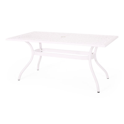 Cast Aluminum Outdoor Dining Table - Rectangular With Floral Enchanting Detail, Umbrella Compatibility, 67"X37.5"X29.34", White Aluminum, Glamour, Hole, 67" W X 37.5" D 29.34" H,