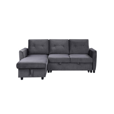Purwokerto Dark Gray Velvet Reversible Sleeper Sectional Sofa With Storage Chaise, Pull-Out Sleeper L-Shaped Couch