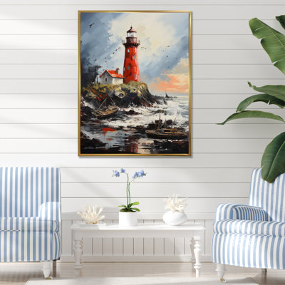 Impression sur toile «Red Beach Lighthouse Guiding - Cityscapes»