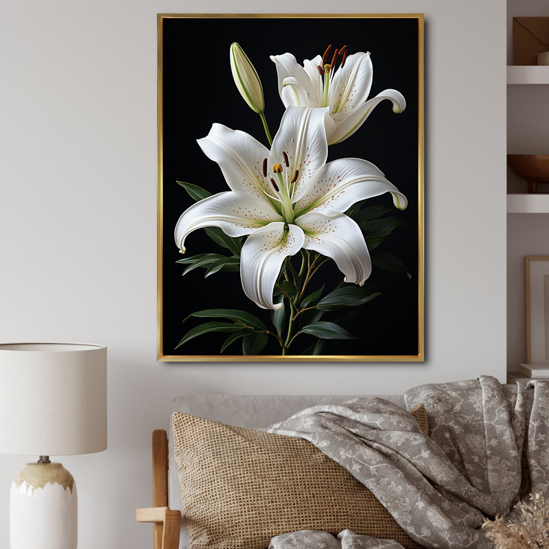 «Black White Lily Exquis II» - lys, impressions sur toile, H 32 po x l 24 po x P 1 po, Cadre flottant doré