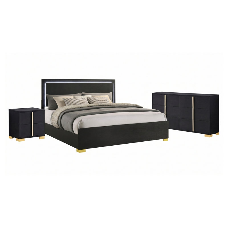 Ensemble de chambre à coucher 3 pièces Josephine Eastern King avec tête de lit DEL, commode et table de chevet en bois d'ingénierie noir