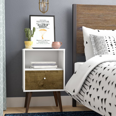 Table de chevet 1 tiroir Mid-Century moderne en blanc et brun rustique Liberty