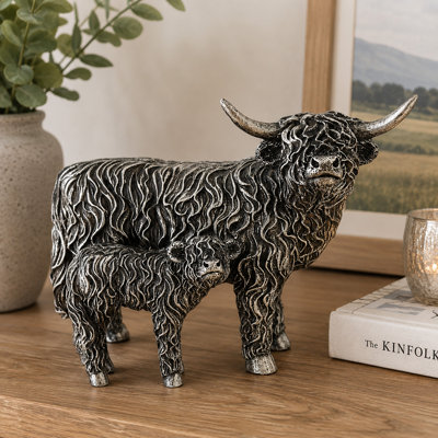 Blyth Highland Cow & Calf Silver Sculpture Figurine