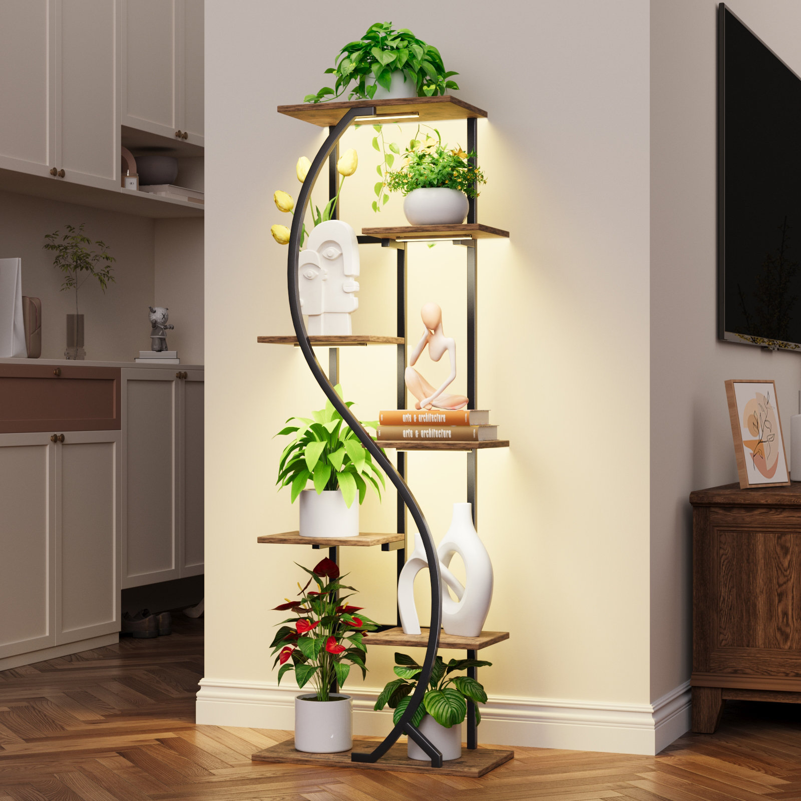 59" S-Shaped 7-Tier Metal Plant Stand with Grow Light