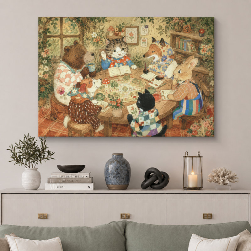 Cozy Woodland Animal Book Club, H 32 po x l 48 po x P 1,5 po, Toile tendue