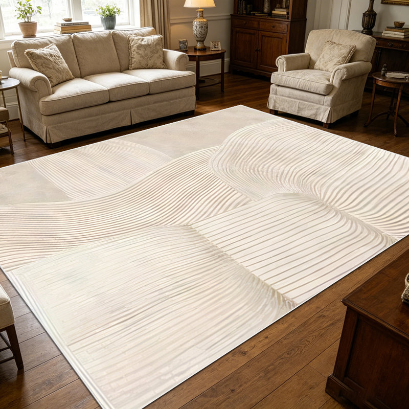 1PC Neutral Beige Wavy Ribbed Minimalist Abstract Textured area rugs for Living Room, Soft and Comfortable, Suitable for all seasons, easy-to-maintain, machine washable Indoor floor mat, Under Table Farmhouse suitable for dining room, bedroom, home