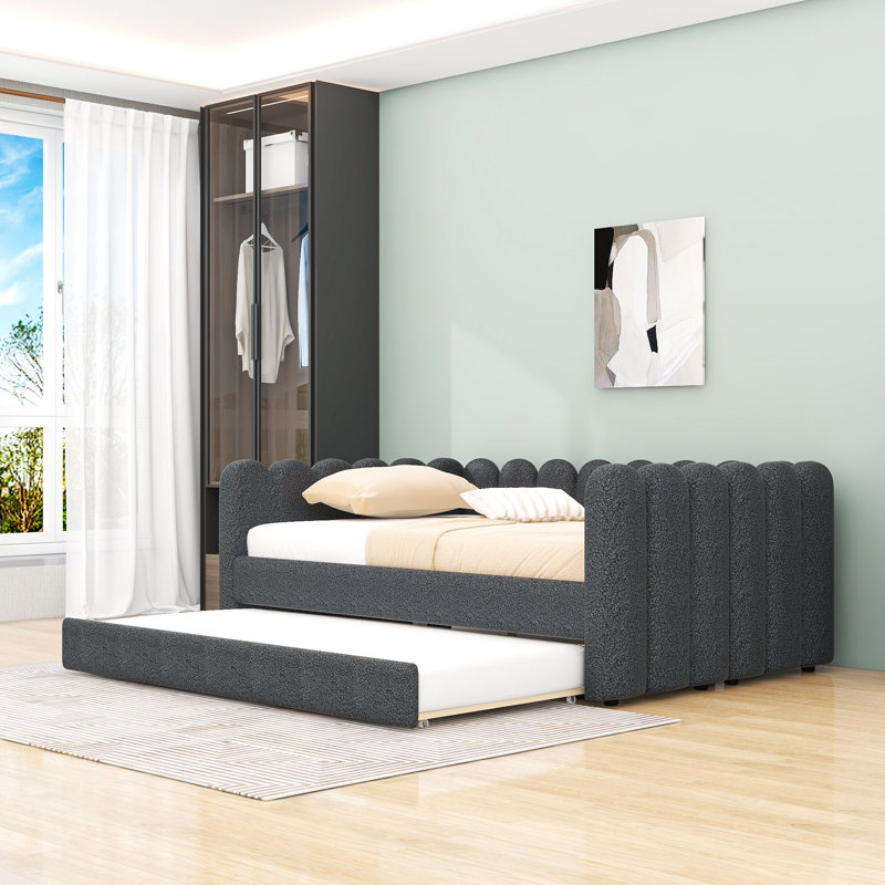 Grand lit de jour en bois rembourré avec gigogne simple TG et pieds centraux, Grey