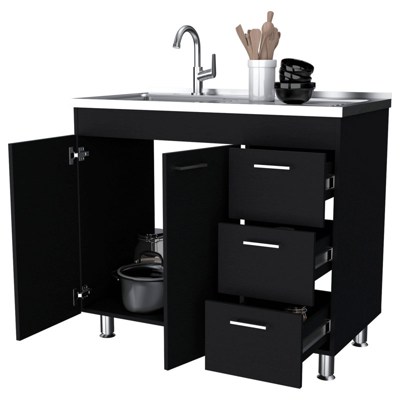 Armoire de cuisine noire à 2 portes et 3 tiroirs