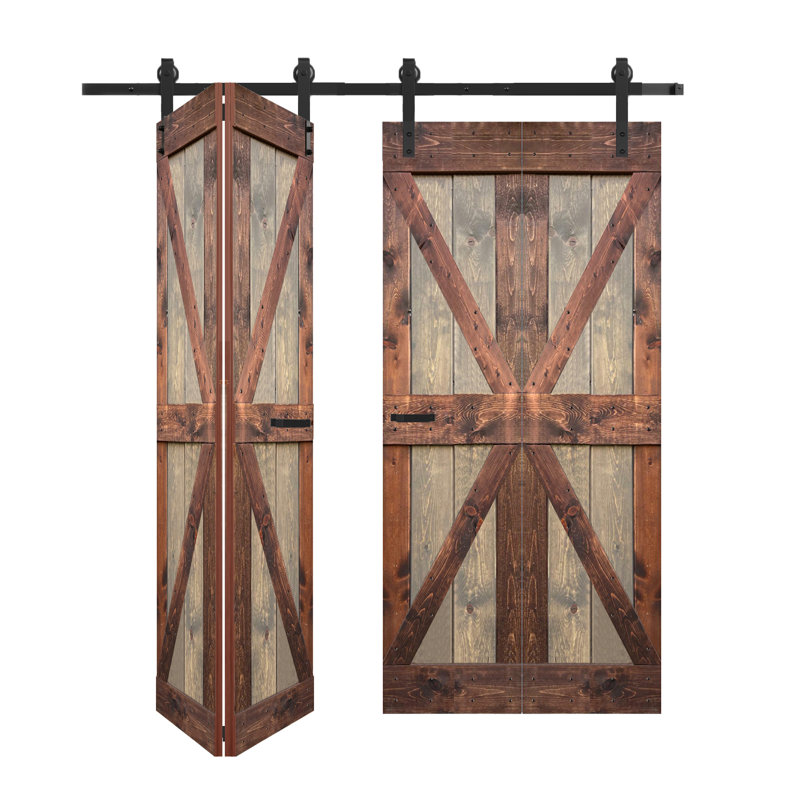 Porte de grange double pliante en bois massif de style K avec ensemble de quincaillerie - Assemblage requis, 72 po x 80 po