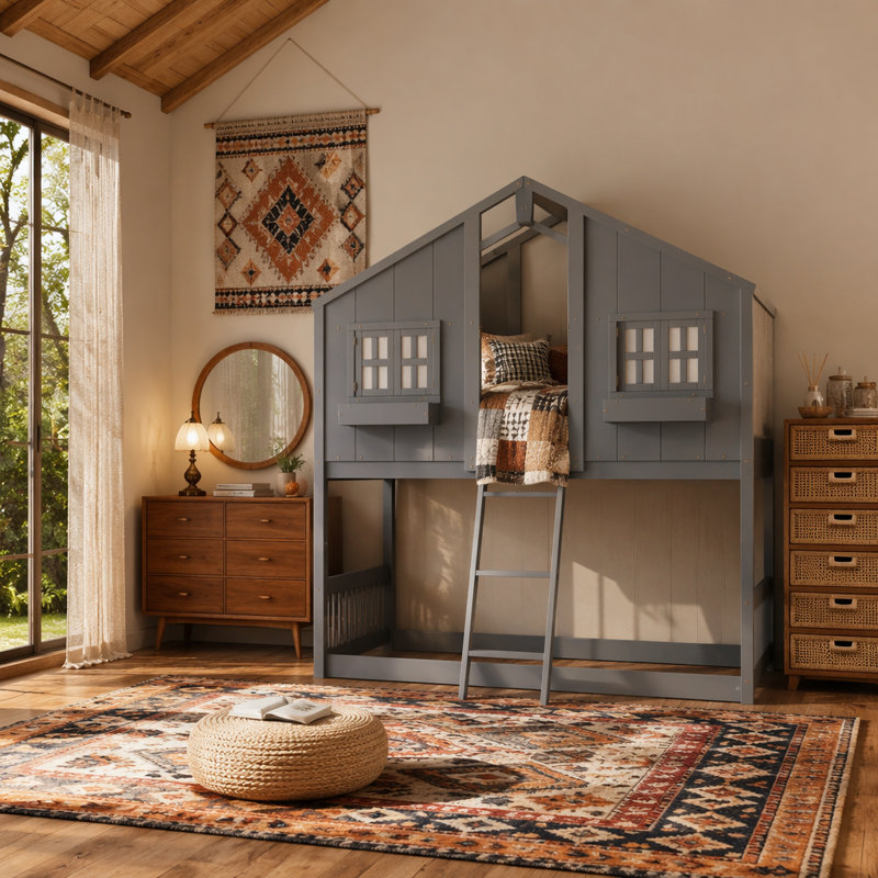 Lit superposé au-dessus de la maison avec fenêtre de toit avec fenêtre et barrière de sécurité