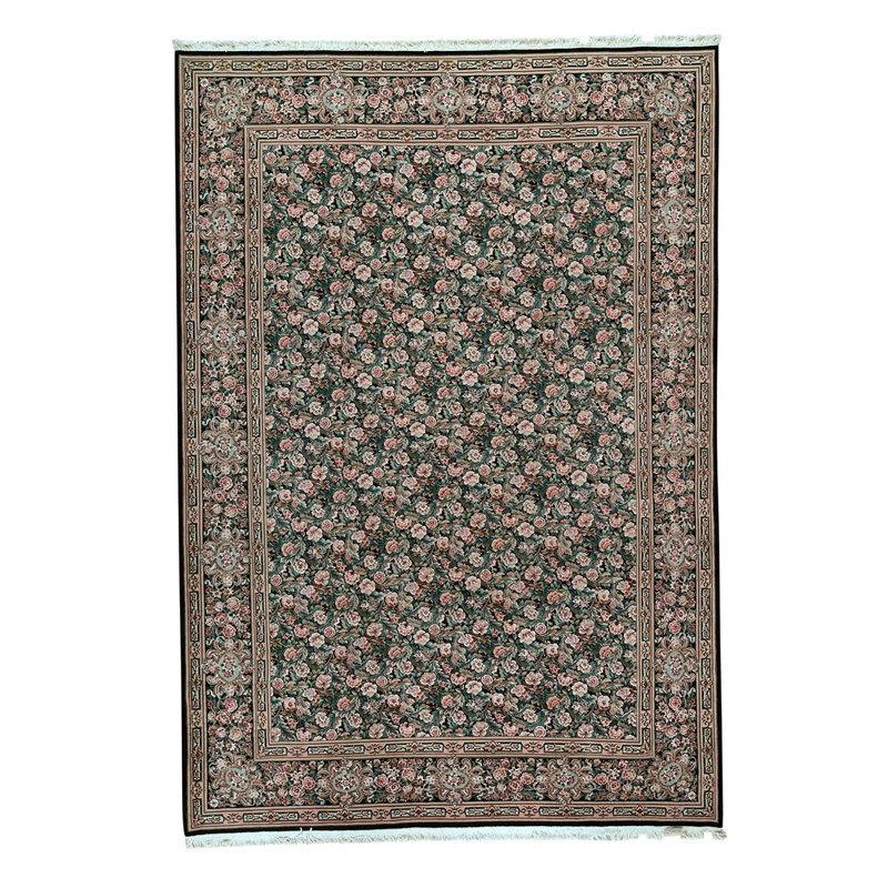 Tapis noir / vert / beige noué à la main de haute qualité