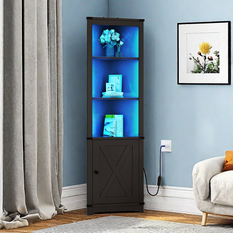Aspenn 67" H Corner Bookcase with LED Light, Corner Storage Cabinet with Adjustable Shelf, Black