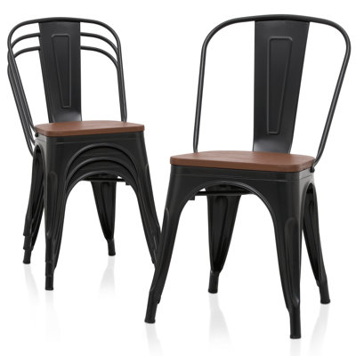 Belaire Metal Stacking Side Dining Chairs Indoor-Outdoor Bistro Cafe Chairs with Back and Wood Seat by Williston Forge