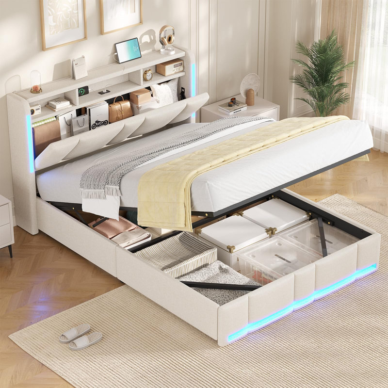 Ottoman Bed, Beige, Double (4'6)