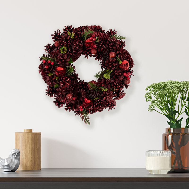 Red Pinecone Berry and Ornament Christmas Wreath 13.5-Inch Unlit