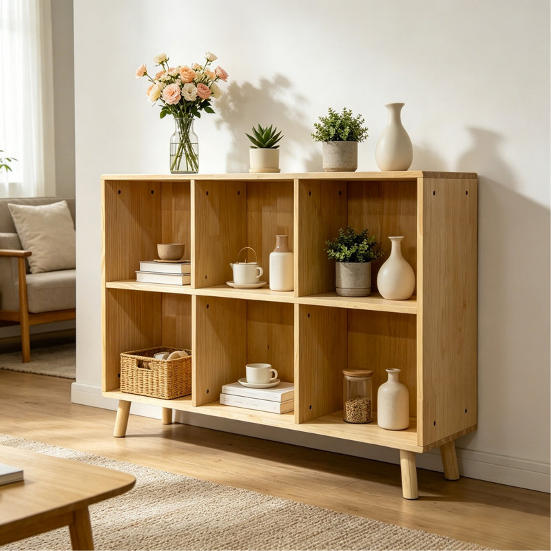 Étagère de rangement en bois à 6 cubes, bibliothèque ouverte autoportante avec pieds, rangement en bois massif naturel pour salon, chambre à coucher, bureau, entrée