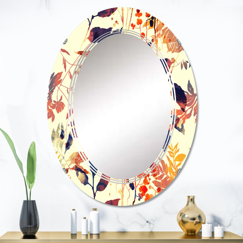 Fleurs et feuilles abstraites en jaune rétro - Miroir mural à motif ovale, 36 po x 24 po
