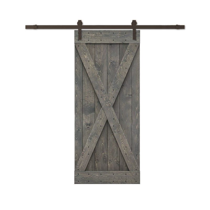 Porte de grange à panneaux et en bois avec quincaillerie d'installation, 40 po x 84 po, Gris patiné, Bronze huilé