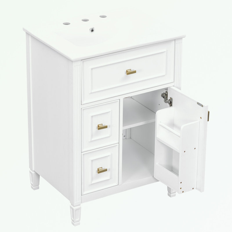Meuble-lavabo de salle de bain avec un tiroir rabattable, deux tiroirs et une tablette réglable, Blanc