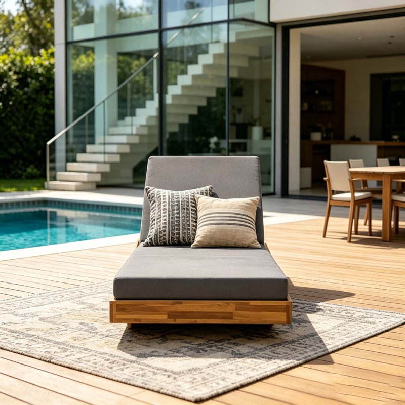 Chaise longue en bois avec coussin, Teck + gris foncé