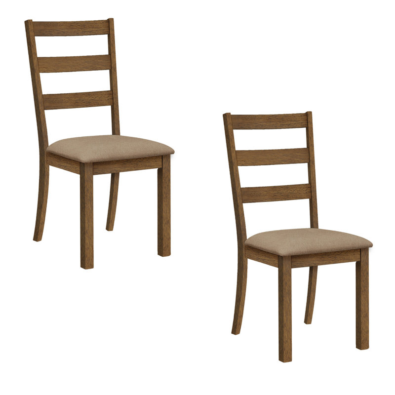 Daph Side Dining Chair Set Of 2, Ladder Back, Walnut Brown, Beige Polyester