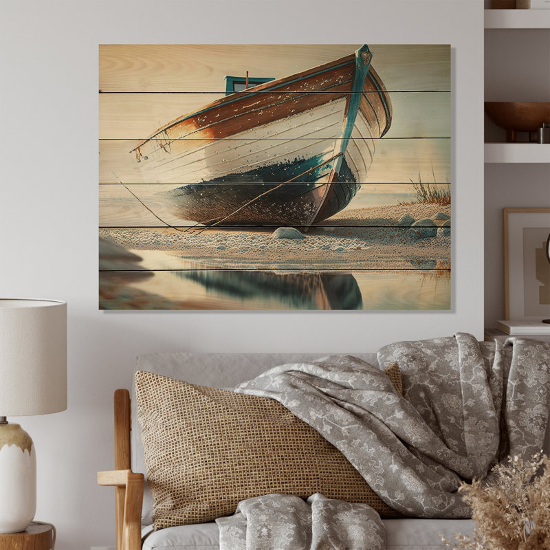 Bateau sur le rivage I - impression sur bois sans cadre, H 24 po x l 32 po x P 1 po