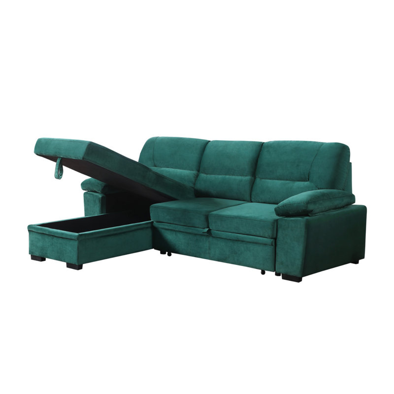 Kipling 97.5"W Green Velvet Fabric Reversible Sleeper Sectional Sofa Chaise, Green Velvet