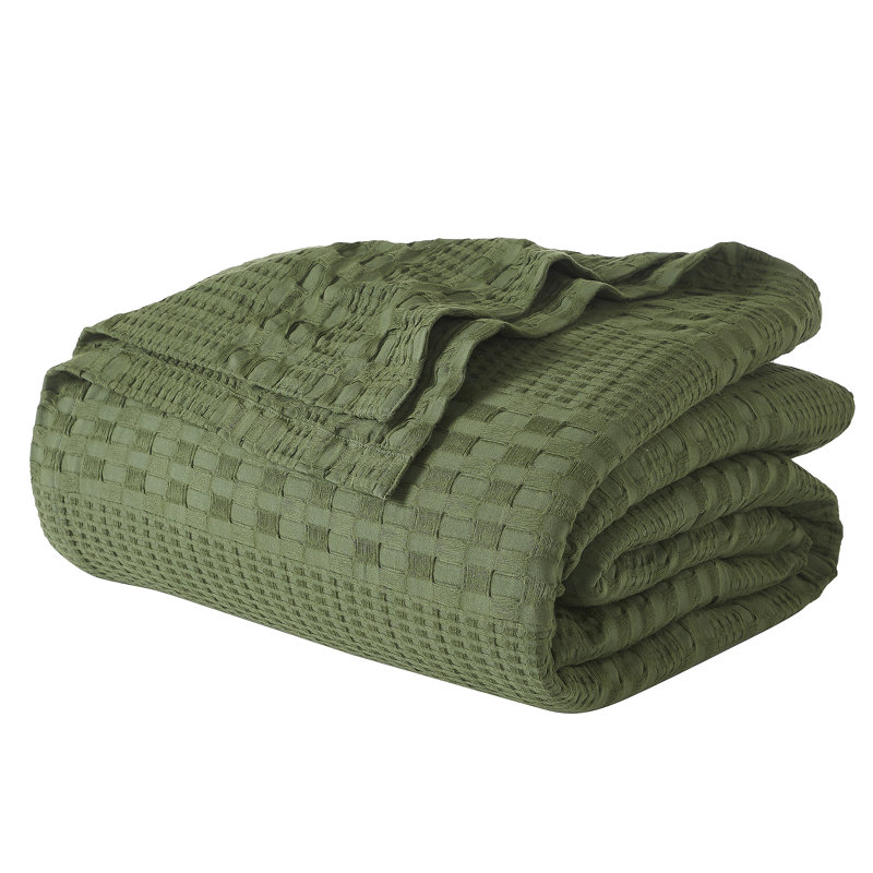 Grande couverture vert olive à tissage gaufré 100% coton, Grand lit, Vert