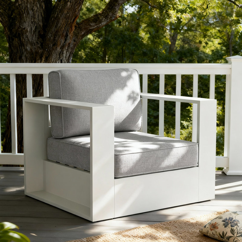 Modern Outdoor Aluminum Chair With Cushions, Gray Cushion/White Frame