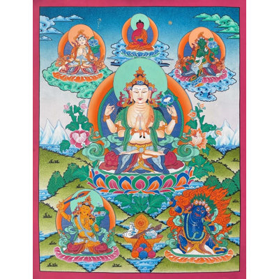 Chengrezig Thangka (Thangka sans brocart) | Or 24 carats, gouache et acrylique sur toile de coton