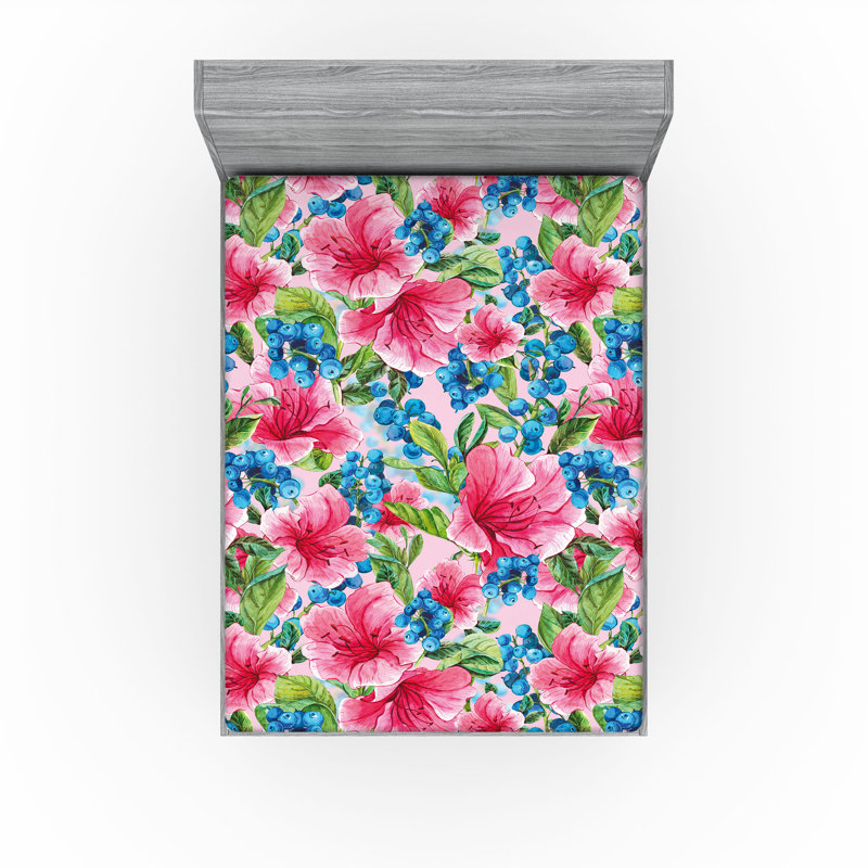 Ambesonne Exotic Themed Fitted Sheet Chill Hibiscus Jungle Hot Pink Lavender Blue
