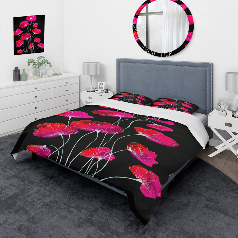 Abstrait fleur rouge sur fond noir III - ensemble de housse de couette traditionnel - microfibre de polyester